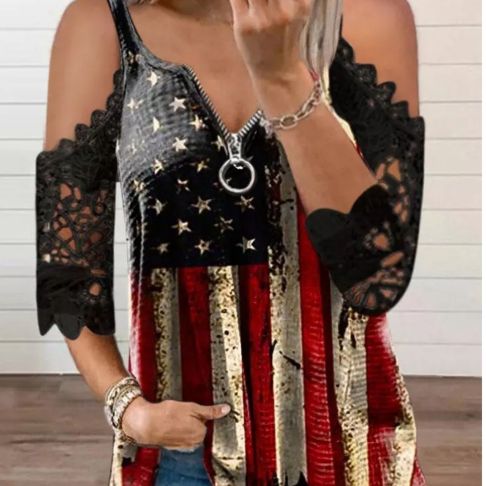 NWOT American flag, lace sleeves women's shirt small